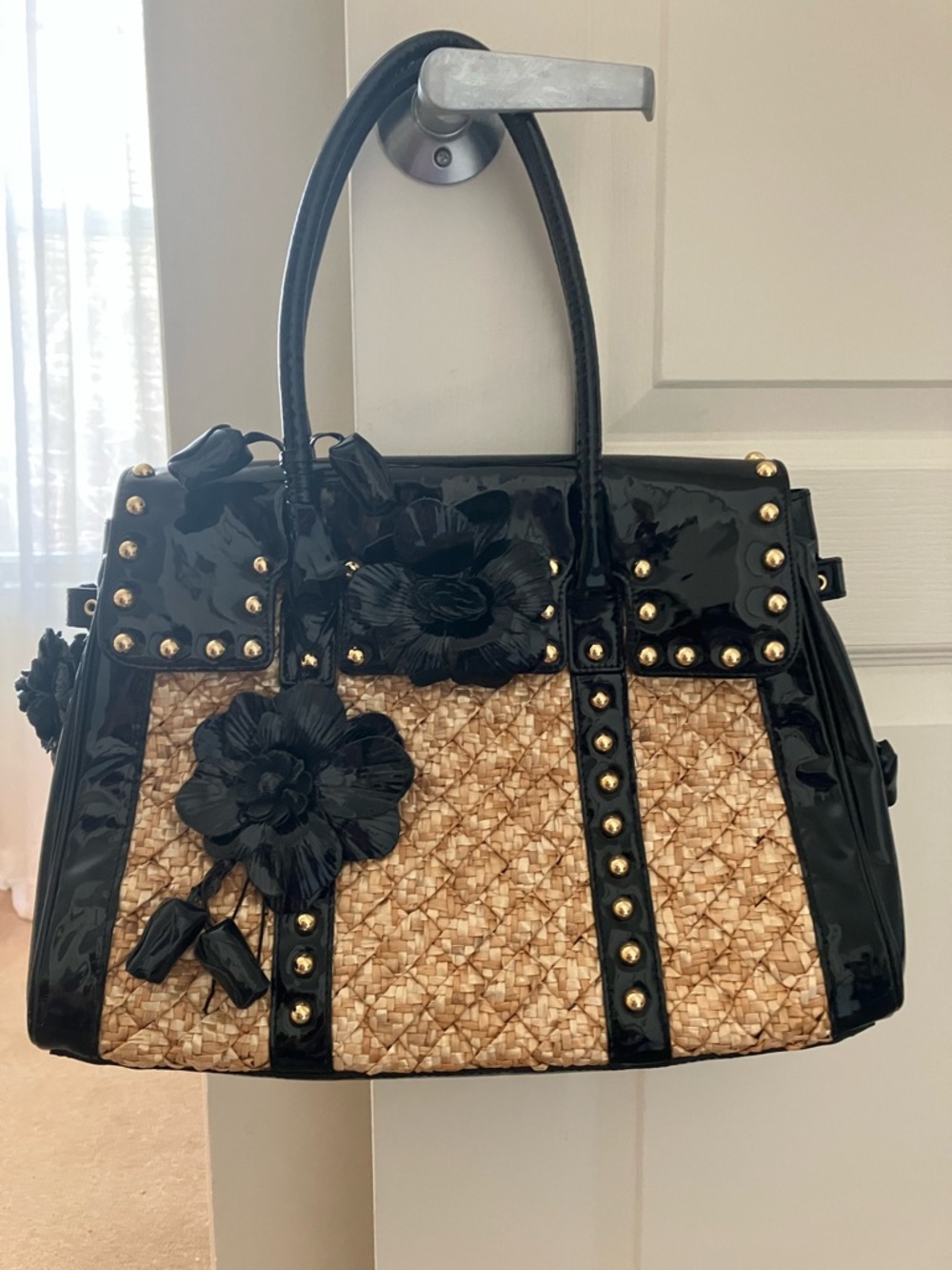 Beverly Feldman Black & Natural Woven Floral Satchel